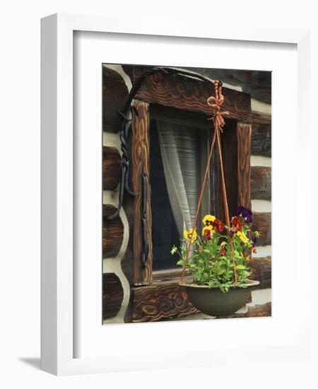 Flower Basket Outside Window of Log Cabin, Fort Boonesborough, Kentucky, USA-Dennis Flaherty-Framed Photographic Print