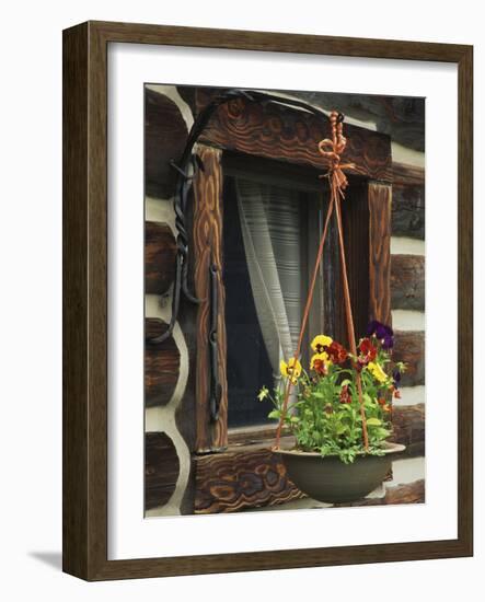 Flower Basket Outside Window of Log Cabin, Fort Boonesborough, Kentucky, USA-Dennis Flaherty-Framed Photographic Print