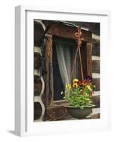 Flower Basket Outside Window of Log Cabin, Fort Boonesborough, Kentucky, USA-Dennis Flaherty-Framed Photographic Print