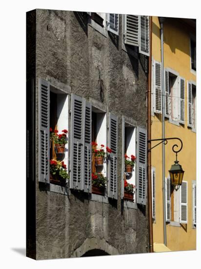 Flower Bedecked Shuttered Windows, Rue Sainte-Claire, Annecy, Rhone Alpes, France, Europe-Richardson Peter-Stretched Canvas