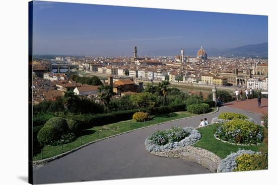 Flower beds at the Piazzale Michelangelo with view of the city, Florence, Tuscany, Italy-null-Stretched Canvas