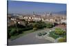 Flower beds at the Piazzale Michelangelo with view of the city, Florence, Tuscany, Italy-null-Stretched Canvas