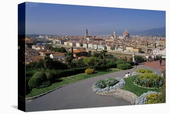 Flower beds at the Piazzale Michelangelo with view of the city, Florence, Tuscany, Italy-null-Stretched Canvas