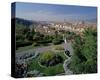 Flower beds at the Piazzale Michelangelo with view of the city, Florence, Tuscany, Italy-null-Stretched Canvas