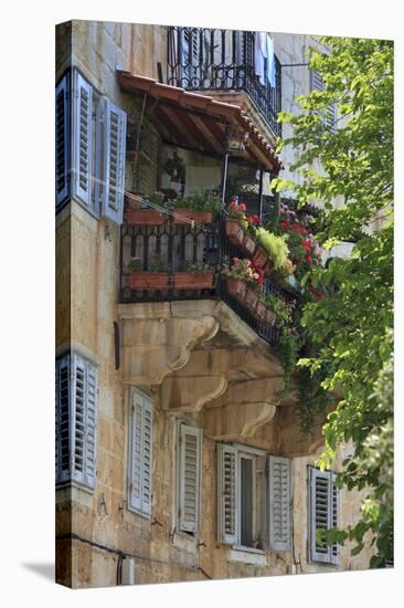 Flower Covered Balcony on Old Stone House, Bol, Brac Island, Dalmatian Coast, Croatia, Europe-John Miller-Stretched Canvas