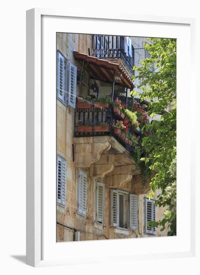 Flower Covered Balcony on Old Stone House, Bol, Brac Island, Dalmatian Coast, Croatia, Europe-John Miller-Framed Photographic Print