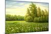 Flower Field With Trees And Bushes-balaikin2009-Mounted Art Print