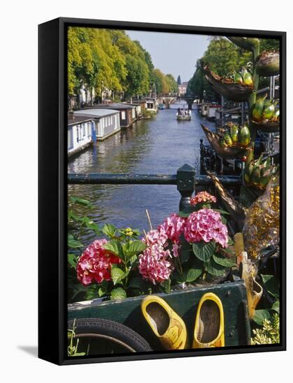 Flower Filled Cart with Houseboats and Canal, Amsterdam, North Holland, the Netherlands-Tom Haseltine-Framed Stretched Canvas