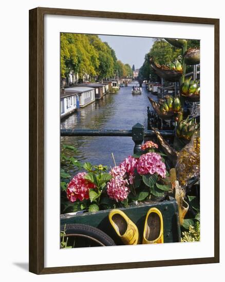 Flower Filled Cart with Houseboats and Canal, Amsterdam, North Holland, the Netherlands-Tom Haseltine-Framed Photographic Print