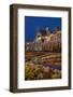 Flower garden and historic Railway Station at night, Dunedin, South Island, New Zealand-David Wall-Framed Photographic Print