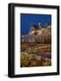 Flower garden and historic Railway Station at night, Dunedin, South Island, New Zealand-David Wall-Framed Photographic Print