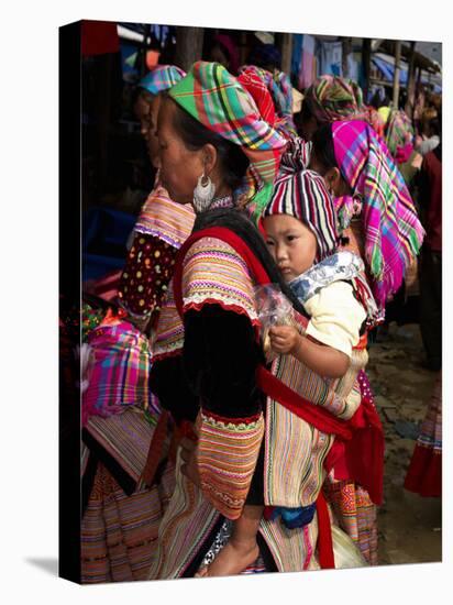 Flower Hmong Woman Carrying Baby on Her Back, Bac Ha Sunday Market, Lao Cai Province, Vietnam-null-Stretched Canvas