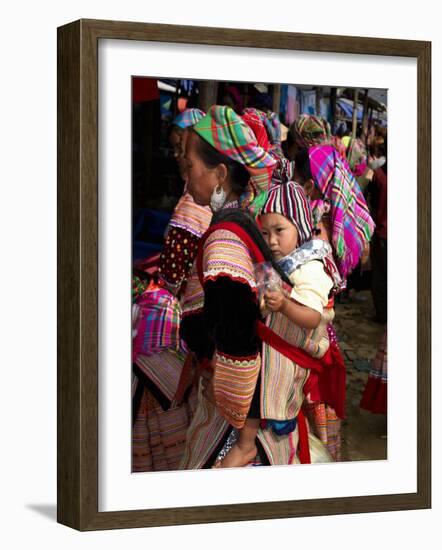 Flower Hmong Woman Carrying Baby on Her Back, Bac Ha Sunday Market, Lao Cai Province, Vietnam-null-Framed Photographic Print