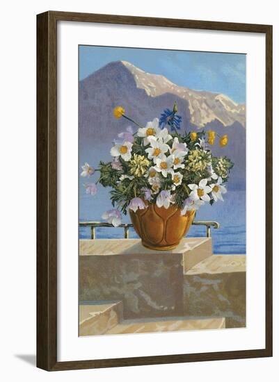 Flower Pot on Seaside Patio-null-Framed Art Print