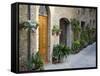 Flower Pots and Potted Plants Decorate a Narrow Street in Tuscan Village, Pienza, Italy-Dennis Flaherty-Framed Stretched Canvas