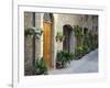 Flower Pots and Potted Plants Decorate a Narrow Street in Tuscan Village, Pienza, Italy-Dennis Flaherty-Framed Photographic Print