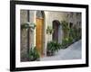 Flower Pots and Potted Plants Decorate a Narrow Street in Tuscan Village, Pienza, Italy-Dennis Flaherty-Framed Photographic Print