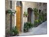 Flower Pots and Potted Plants Decorate a Narrow Street in Tuscan Village, Pienza, Italy-Dennis Flaherty-Mounted Photographic Print