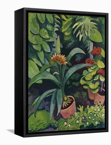 Flower Pots in a Garden: Bush Lilies and Pelargonidin, 1911-Auguste Macke-Framed Stretched Canvas