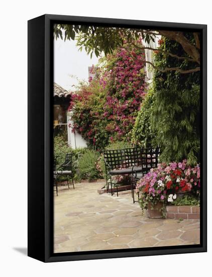 Flowered Patio with Chairs-null-Framed Stretched Canvas