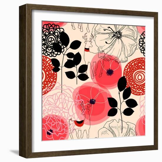 Flowers and Deers Seamless Pattern-Danussa-Framed Art Print