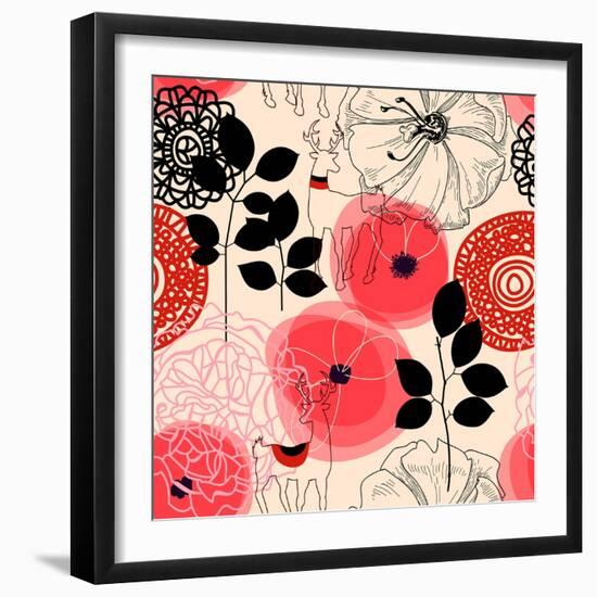 Flowers and Deers Seamless Pattern-Danussa-Framed Art Print