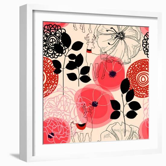 Flowers and Deers Seamless Pattern-Danussa-Framed Art Print