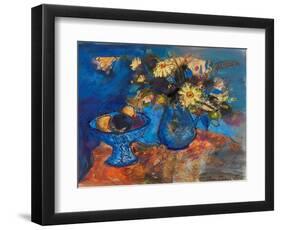 Flowers and Fruit on Blue and Orange (Ink and Watercolour)-Ann Oram-Framed Giclee Print