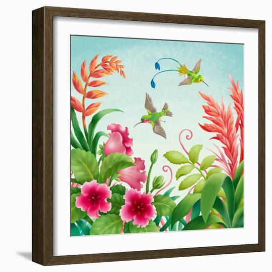 Flowers and Hummingbirds-Olga Kovaleva-Framed Giclee Print