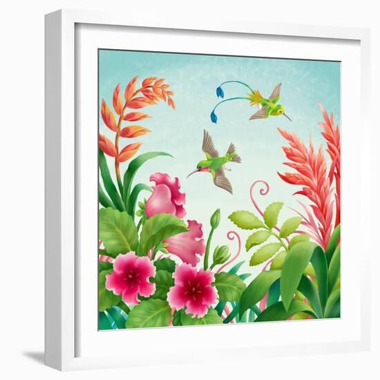 Flowers and Hummingbirds-Olga Kovaleva-Framed Giclee Print