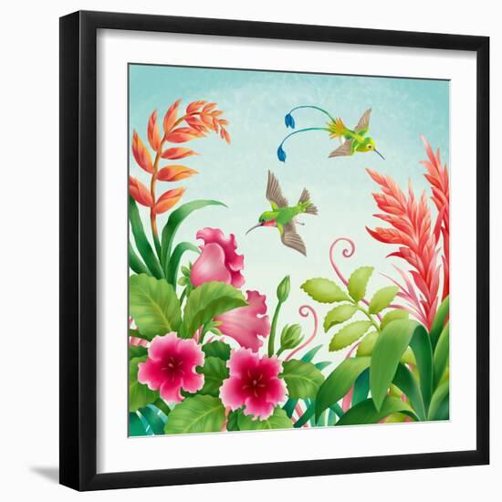 Flowers and Hummingbirds-Olga Kovaleva-Framed Premium Giclee Print