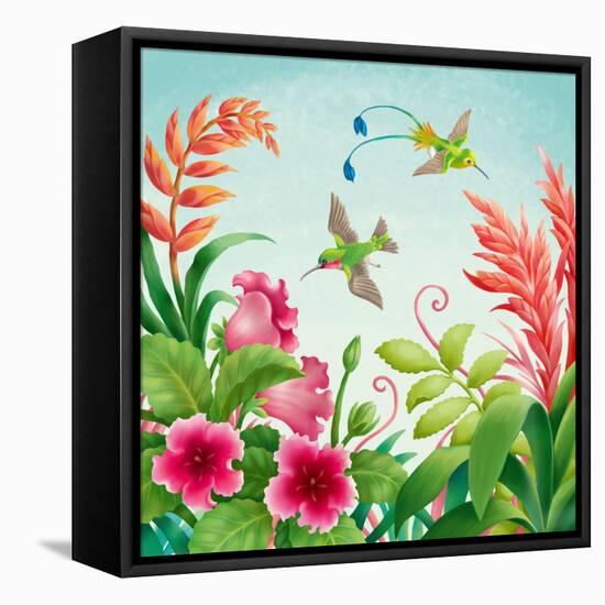 Flowers and Hummingbirds-Olga Kovaleva-Framed Stretched Canvas