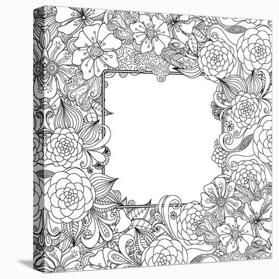 Flowers and Leaves Hand Drawn Zentangle Style Vector Frame. Doodle Art Decorative Border.-null-Stretched Canvas