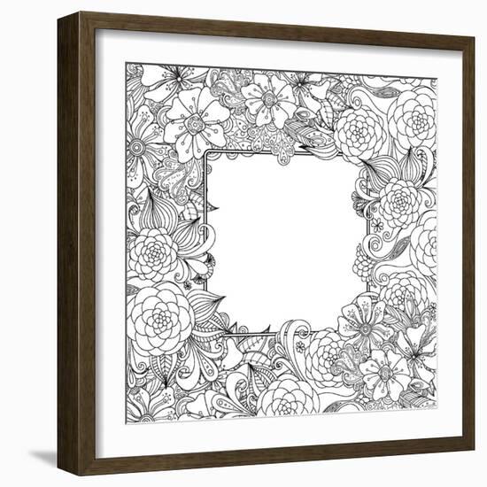 Flowers and Leaves Hand Drawn Zentangle Style Vector Frame. Doodle Art Decorative Border.-null-Framed Art Print