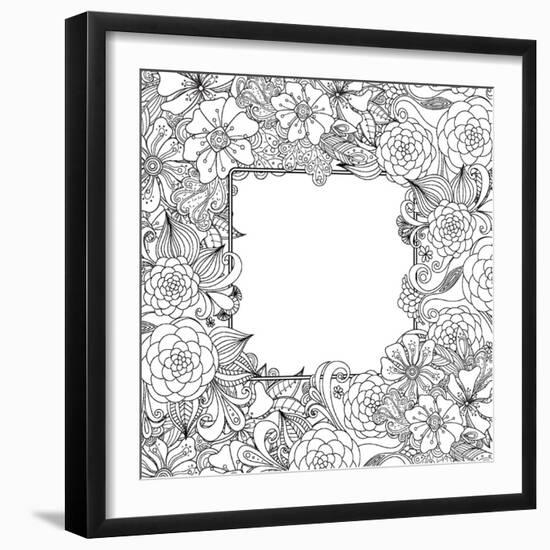 Flowers and Leaves Hand Drawn Zentangle Style Vector Frame. Doodle Art Decorative Border.-null-Framed Art Print