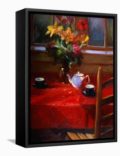 Flowers and Teapot on Red-Pam Ingalls-Framed Stretched Canvas