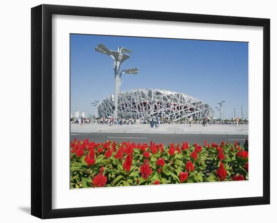Flowers and the Birds Nest National Stadium in the Olympic Green, Beijing, China-Kober Christian-Framed Photographic Print