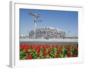 Flowers and the Birds Nest National Stadium in the Olympic Green, Beijing, China-Kober Christian-Framed Photographic Print