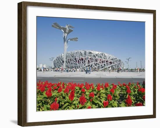 Flowers and the Birds Nest National Stadium in the Olympic Green, Beijing, China-Kober Christian-Framed Photographic Print