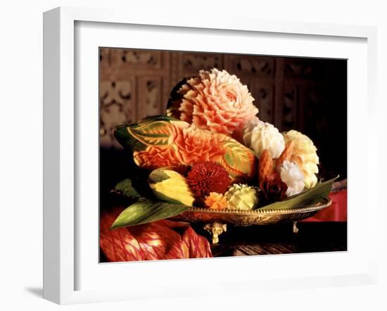 Flowers Carved from Fruit and Vegetables in a Bowl-Eising Studio Food Photo and Video-Framed Photographic Print