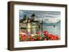 Flowers framing Oberhofen Castle and Lake Thun, Canton of Bern, Switzerland-Roberto Moiola-Framed Photographic Print