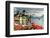 Flowers framing Oberhofen Castle and Lake Thun, Canton of Bern, Switzerland-Roberto Moiola-Framed Photographic Print