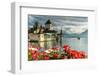 Flowers framing Oberhofen Castle and Lake Thun, Canton of Bern, Switzerland-Roberto Moiola-Framed Photographic Print