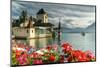 Flowers framing Oberhofen Castle and Lake Thun, Canton of Bern, Switzerland-Roberto Moiola-Mounted Photographic Print