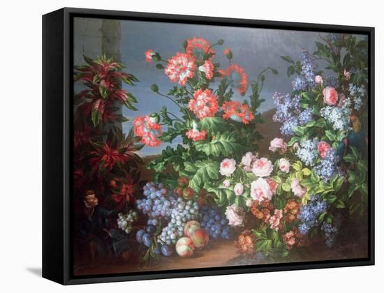 Flowers, Fruit with a Monkey and a Parrot-Jean-Baptiste Monnoyer-Framed Stretched Canvas