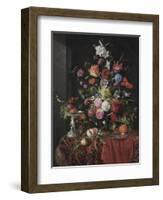 Flowers in a Glass Vase on a Draped Table, with a Silver Tazza, Fruit, Insects and Birds-Jan Davidsz de Heem-Framed Giclee Print