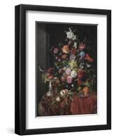 Flowers in a Glass Vase on a Draped Table, with a Silver Tazza, Fruit, Insects and Birds-Jan Davidsz de Heem-Framed Giclee Print