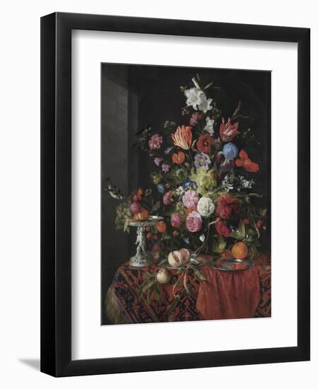 Flowers in a Glass Vase on a Draped Table, with a Silver Tazza, Fruit, Insects and Birds-Jan Davidsz de Heem-Framed Giclee Print