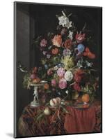 Flowers in a Glass Vase on a Draped Table, with a Silver Tazza, Fruit, Insects and Birds-Jan Davidsz de Heem-Mounted Giclee Print