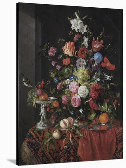 Flowers in a Glass Vase on a Draped Table, with a Silver Tazza, Fruit, Insects and Birds-Jan Davidsz de Heem-Stretched Canvas